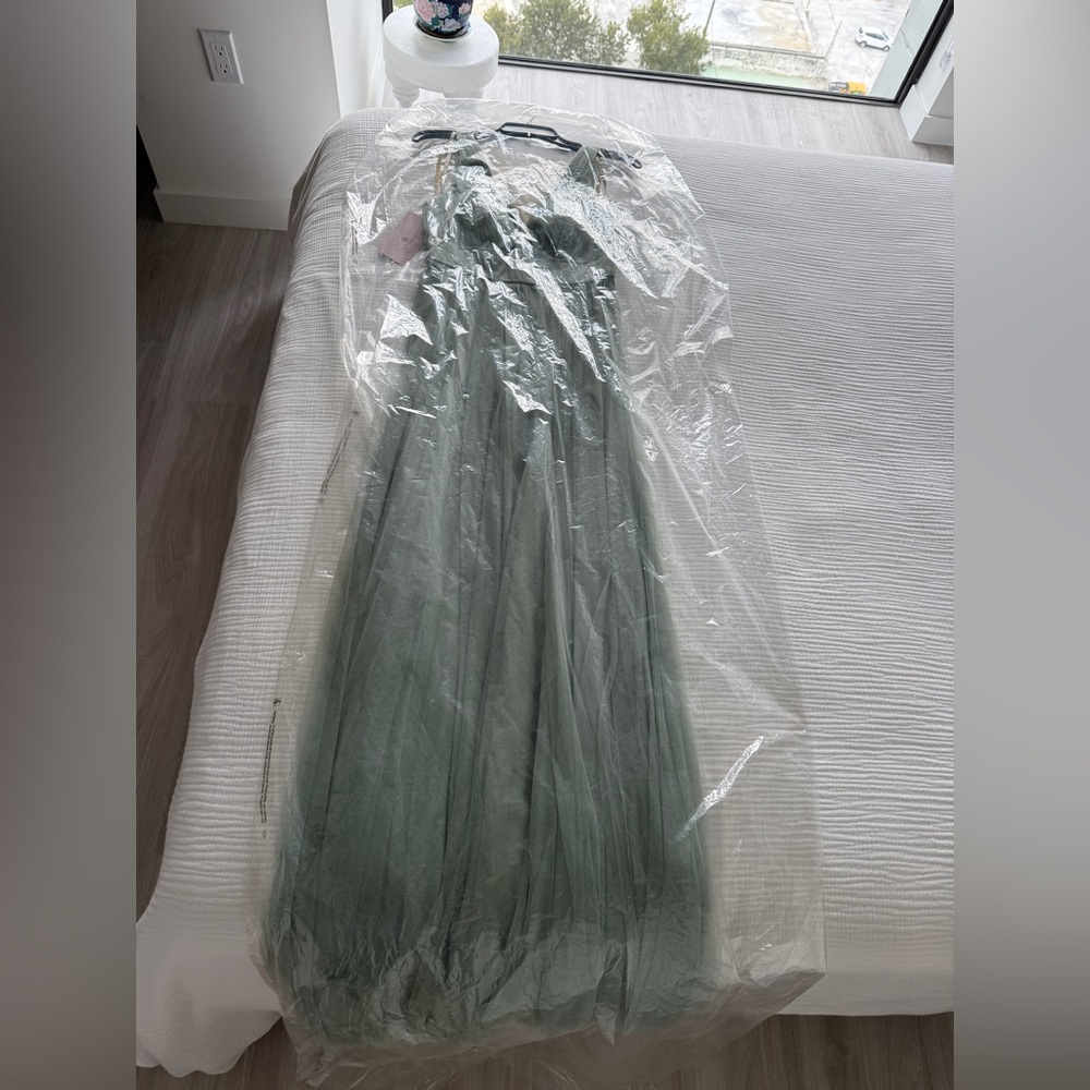 Jenny Yoo Sage Green Tulle V-Neck Evening Gown - Picture 4 of 4